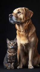 Elegant Portrait of a Cat and Dog in a Dramatic Studio Setting with Dark Background Highlighting Their Bond and Unique Personalities