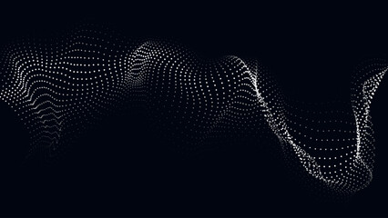 Wave of flowing particles on dark background. Abstract backdrop with dynamic elements of waves and dots. Vector