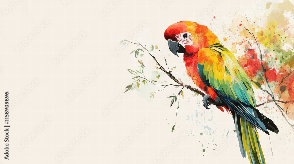 Fototapete bright parrot illustrated perched on a branch with colorful splashes on a light background ready for