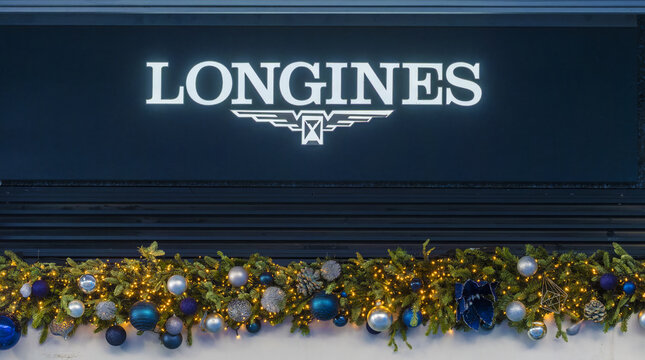 Geneva, Switzerland - December 24, 2024: sign of Longines, the swiss brand of luxury watch during Christmas