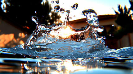 Close-up of water splashing with sunset in background. - obrazy, fototapety, plakaty