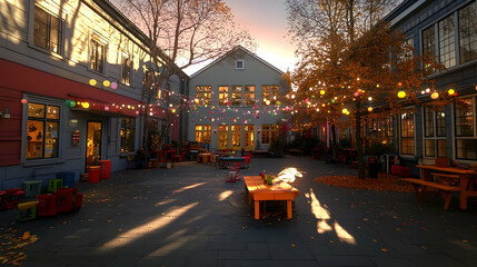 Obraz premium Colorful autumnal courtyard with string lights, playground, and picnic tables at sunset.