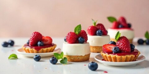 Delightful Berry-Topped Mini Cheesecakes and Tarts on a White Surface