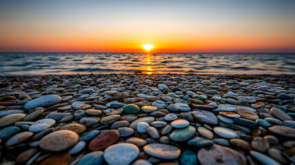 Colorful pebbles on beach at sunset.