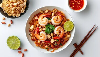 Fototapeta premium Top View of Pad Thai with Shrimp, Lime, Peanuts, and Sauce in Elegant Presentation