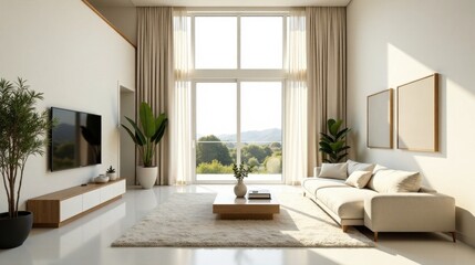 Fototapeta premium Modern Minimalist Living Room Design with Floor-to-Ceiling Windows and Natural Light