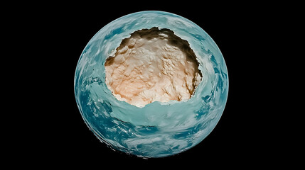 Damaged planet Earth with a large hole revealing its interior.