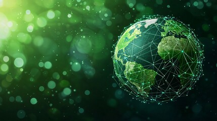 Obraz premium Net zero and ESG concept. Digital globe with network connections on a green background, symbolizing technology and connectivity.