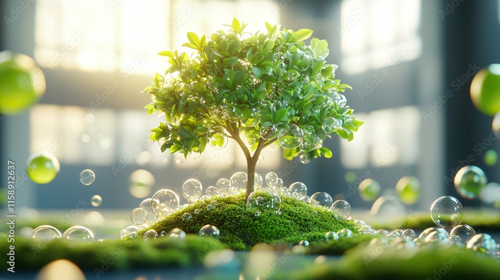 Poster net zero and esg concept. a small tree on a moss-covered island surrounded by bubbles and soft light