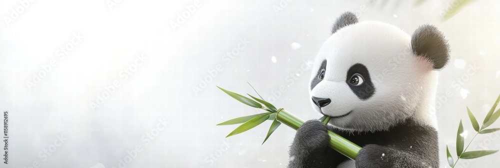 Poster Joyful panda enjoys fresh bamboo in a serene setting with ample space for text overlay. Generative AI