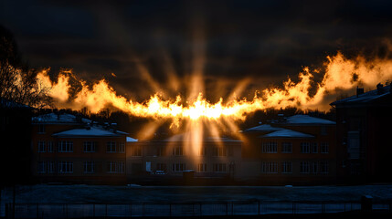 Dramatic sunrise rays illuminating snowy houses.