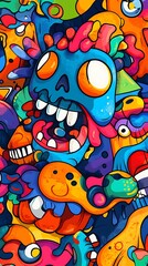 Obraz premium A vibrant, surreal illustration featuring colorful skulls and playful shapes.