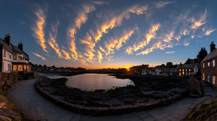 Dramatic sunset over coastal village with unique cloud formations.