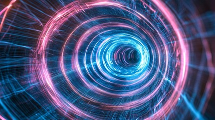Vortex light tunnel, pink and blue neon spiral, abstract digital swirl, futuristic light pattern, hypnotic circular motion