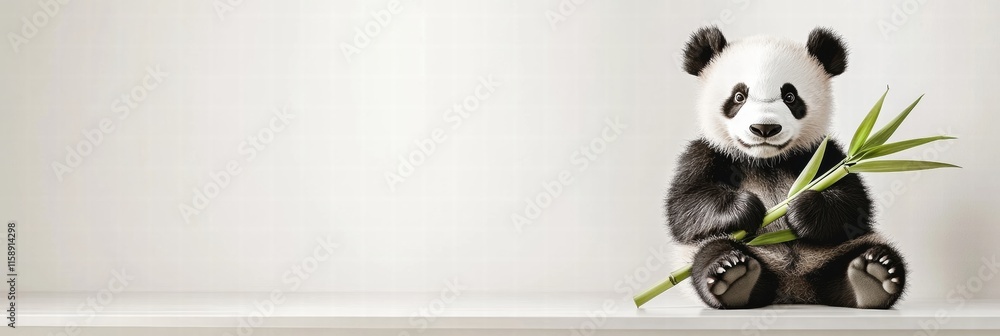 Poster Panda sitting and holding bamboo with empty space for text in a minimalistic setting. Generative AI