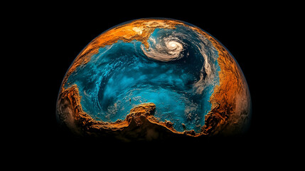Earth's topography, oceans, and a hurricane.