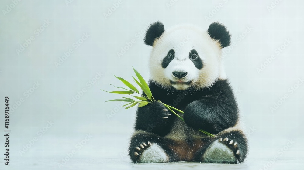 Aufkleber panda happily holding bamboo in a serene environment with ample space for adding text or details. ge