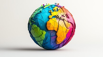 an abstract polygonal globe with NFT pins glowing, showing digital ownership across the world.