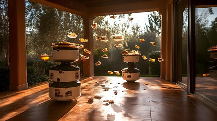 Food delivery robots on patio, outdoor food delivery.