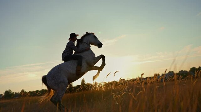Man in cowboy costume training a horse at sunset.