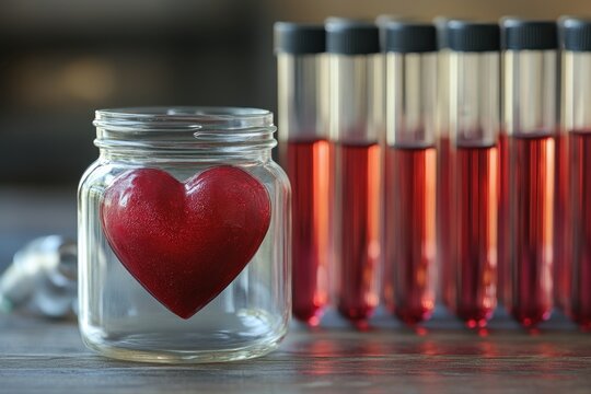 Red heart inside a glass jar, test tubes in background. Illustrates concepts of health, love, and medical research.