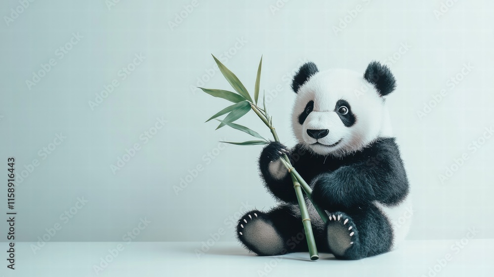 Aufkleber panda holding bamboo showcasing playful nature in a calm environment with ample copy space for text.