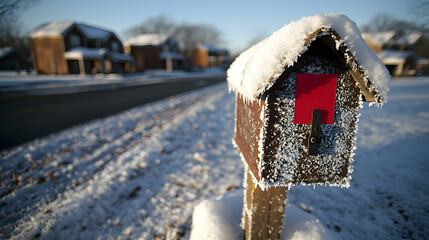 Frosty mailbox on snowy suburban street.