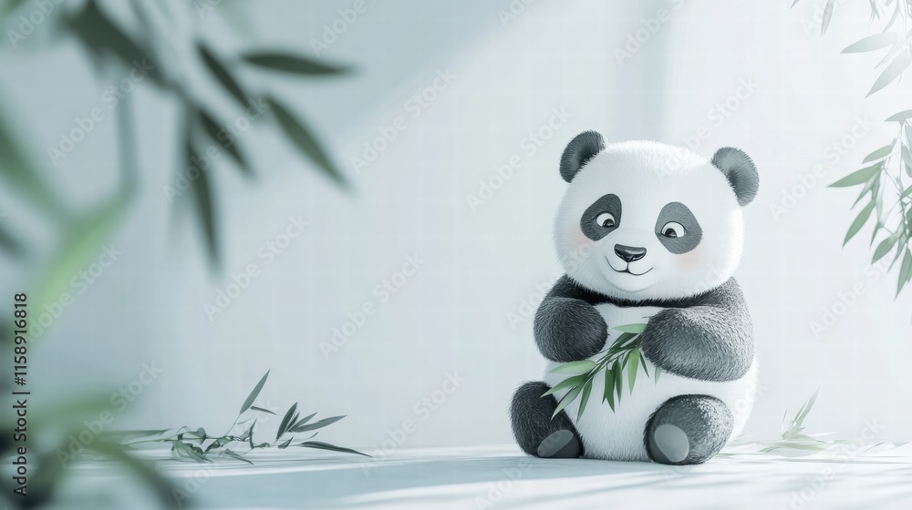 Poster cute panda holding bamboo in a serene environment with plenty of space for text and creative ideas. 