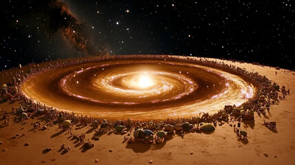 Galaxy-shaped crowd on a beach at night.