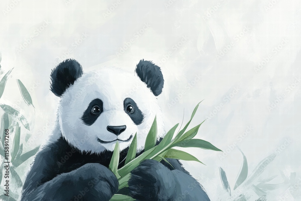 Aufkleber Panda enjoying bamboo in a tranquil setting with ample space for adding text or messages later. Generative AI