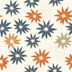 Colorful floral pattern featuring star-shaped flowers in earthy tones on a light background, creating a vibrant and stylish design.