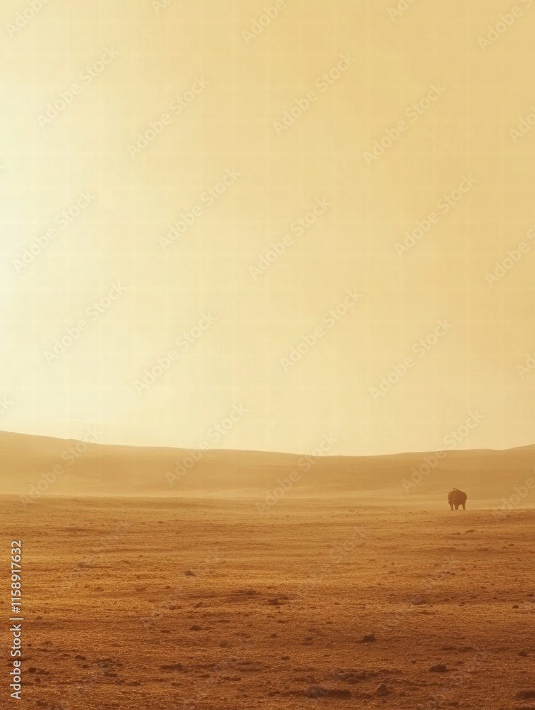Poster close up view of a rhino in a barren savanna with warm hues at sunset inviting contemplation. genera