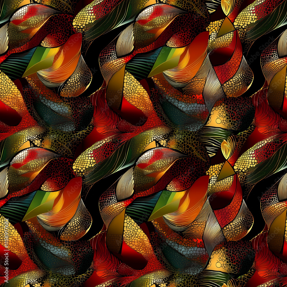 Poster abstract swirling pattern featuring vibrant colors like red, green, and gold, creating a dynamic and