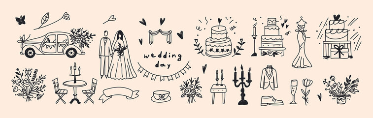 Set of hand-drawn chalk-style wedding icons: a retro car with flowers, elegant candles, cakes, bridal outfits. For wedding invitations, cafe menus. Doodle-style art for a vintage and romantic touch