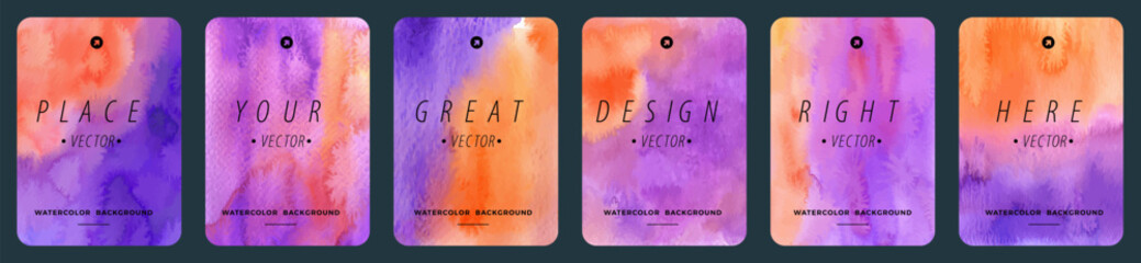 Set of colorful orange purple vector watercolor A4 backgrounds for poster, brochure or flyer