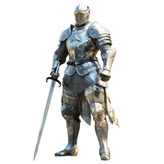 A knight in shining armor, holding a sword. vector style art 3d illustration Isolated on White Background