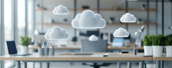 A modern office space with floating cloud graphics, symbolizing cloud computing and digital connectivity in a bright, organized environment.