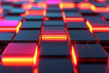 Obraz premium A vibrant grid of glowing tiles in shades of red and pink, creating a dynamic and modern visual effect.