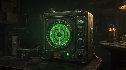 Vintage green screen radar device in a dark room.