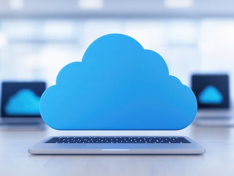 A blue cloud icon positioned above a laptop, symbolizing cloud computing and digital connectivity in a modern workspace.