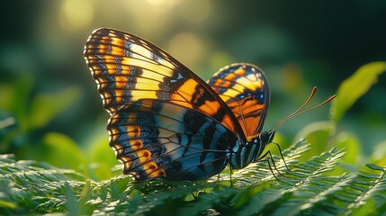   A couple of butterflies perched on a verdant field, bathed in sunlight filtering through their wings