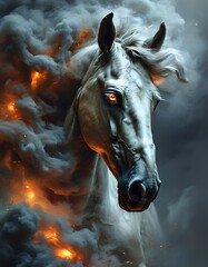A powerful white horse emerges from swirling smoke and flames. The horse's head is turned slightly, and its eyes glow with an intense orange light. The scene is dramatic and evocative.