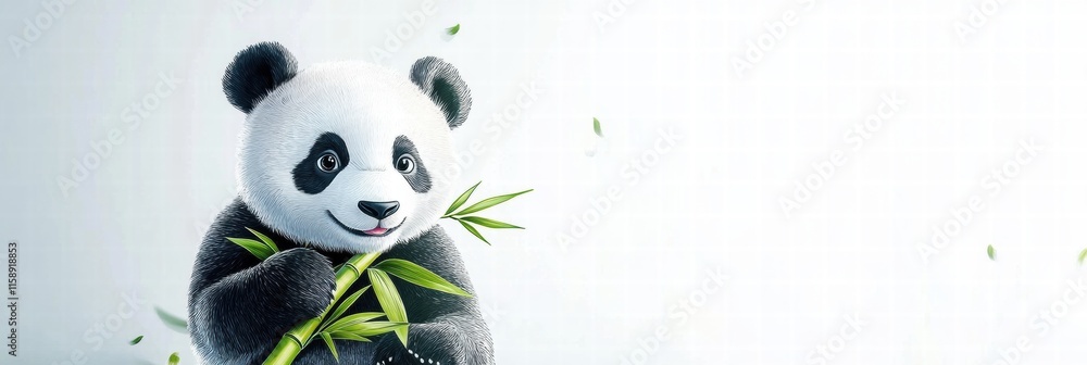 Aufkleber Panda happily holds fresh bamboo in a serene setting with ample space for additional text or graphics. Generative AI