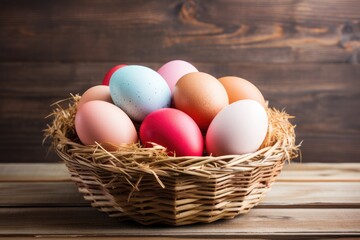 Colorful fresh eggs in a basket on a wooden background