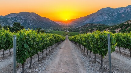 Fototapeta premium Vineyard sunset landscape with rows of grapevines leading to a mountain valley at golden hour.