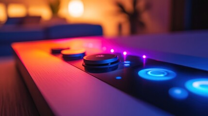 Close-up of a modern illuminated control panel with colorful lights and buttons in a living room.