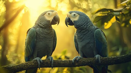Fototapeta premium Two parrots perched on a tree limb in a dense woodland, with rays of sunlight filtering through the foliage behind them