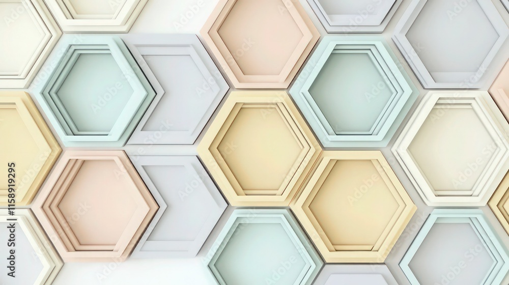 Poster vertical hexagonal shapes featuring open patterns of interlocked triangles and diagonal stripes. col