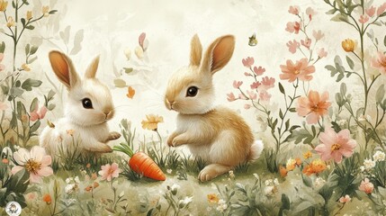 Two adorable bunnies sharing a carrot in a flower garden.