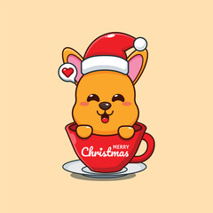 Cute kangaroo wearing Santa Claus hat in cup cartoon vector illustration.